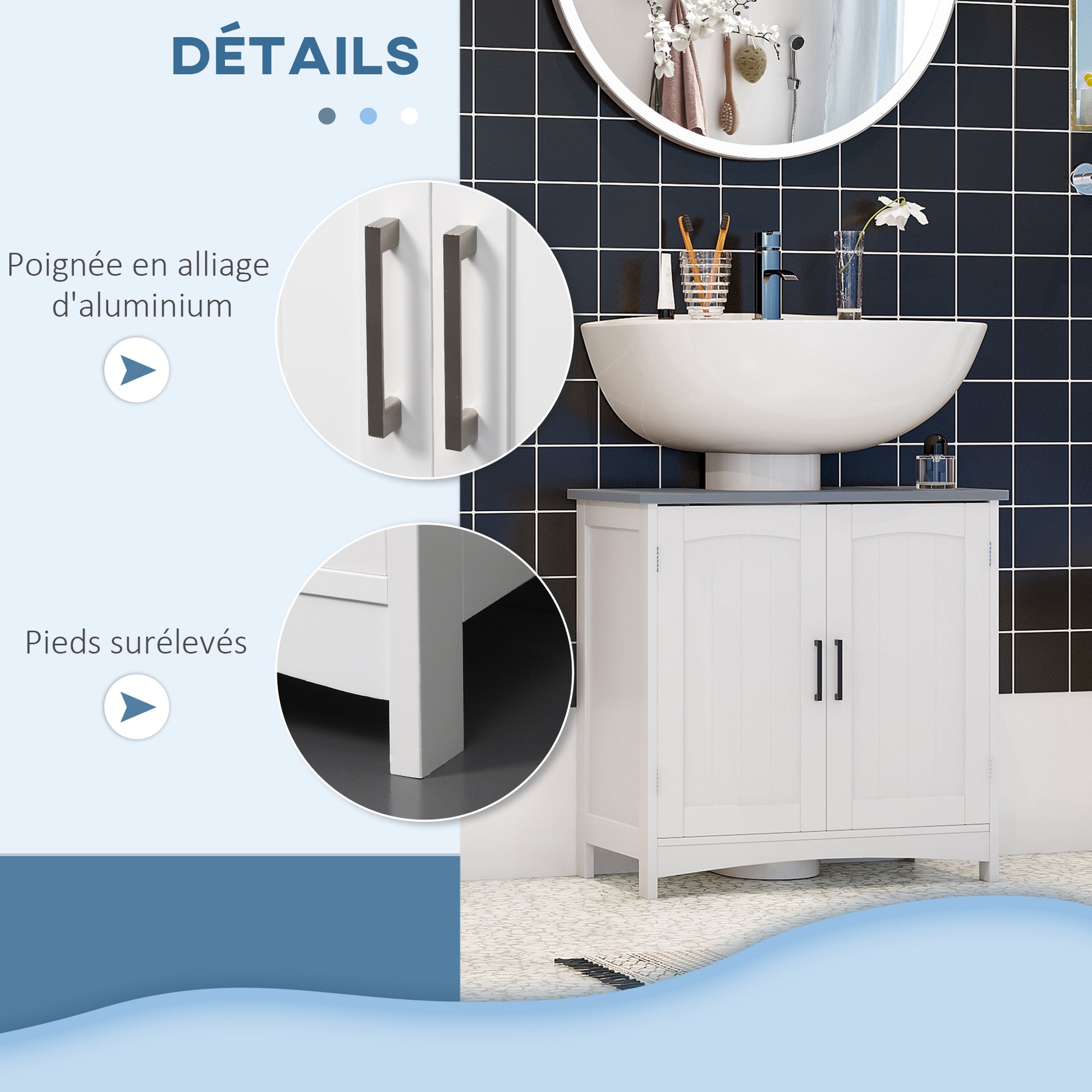 Bathroom Vanity Unit Under Sink Cabinet with Double Doors, Adjustable Shelf, 60 x 33 x 60 cm, White