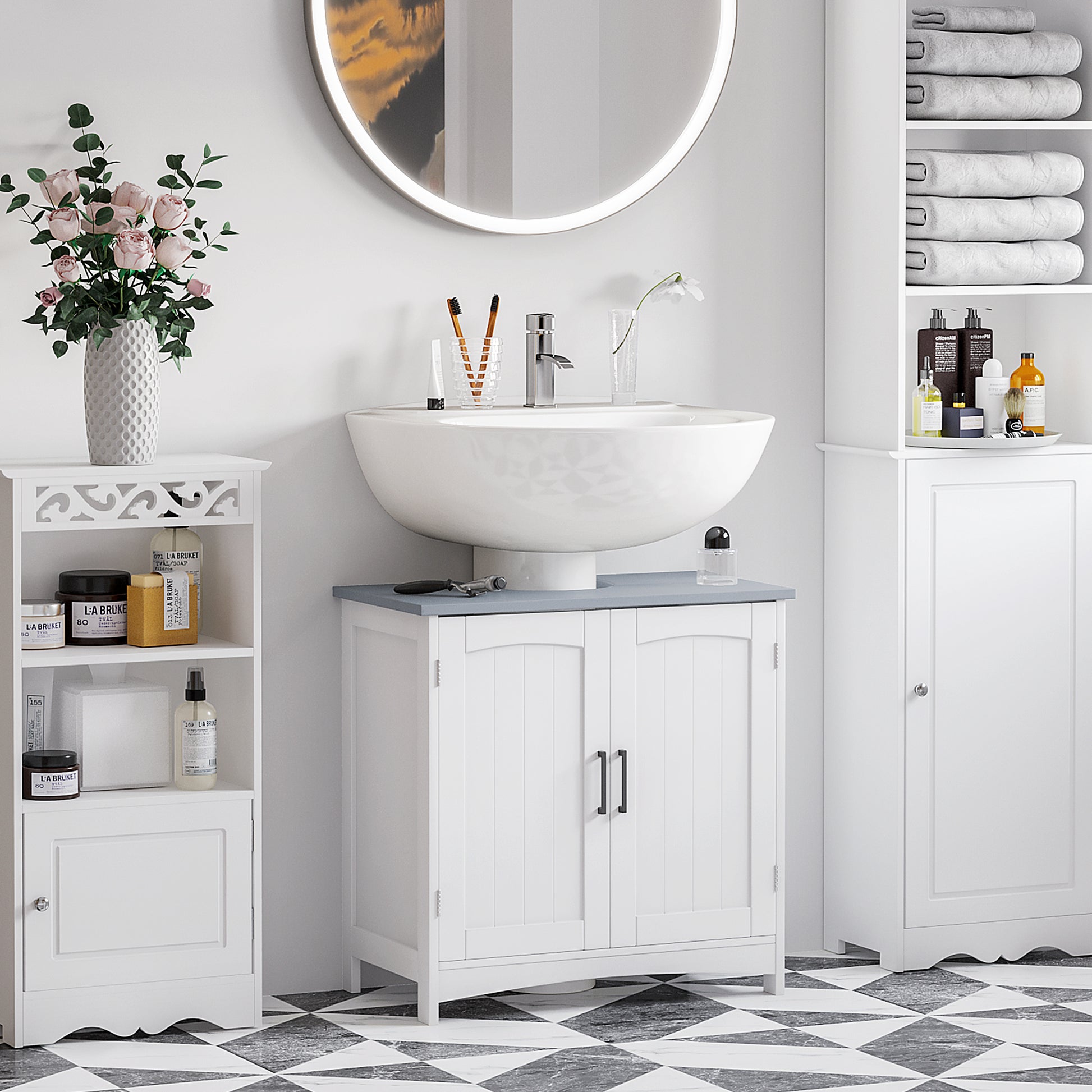 Bathroom Vanity Unit Under Sink Cabinet with Double Doors, Adjustable Shelf, 60 x 33 x 60 cm, White