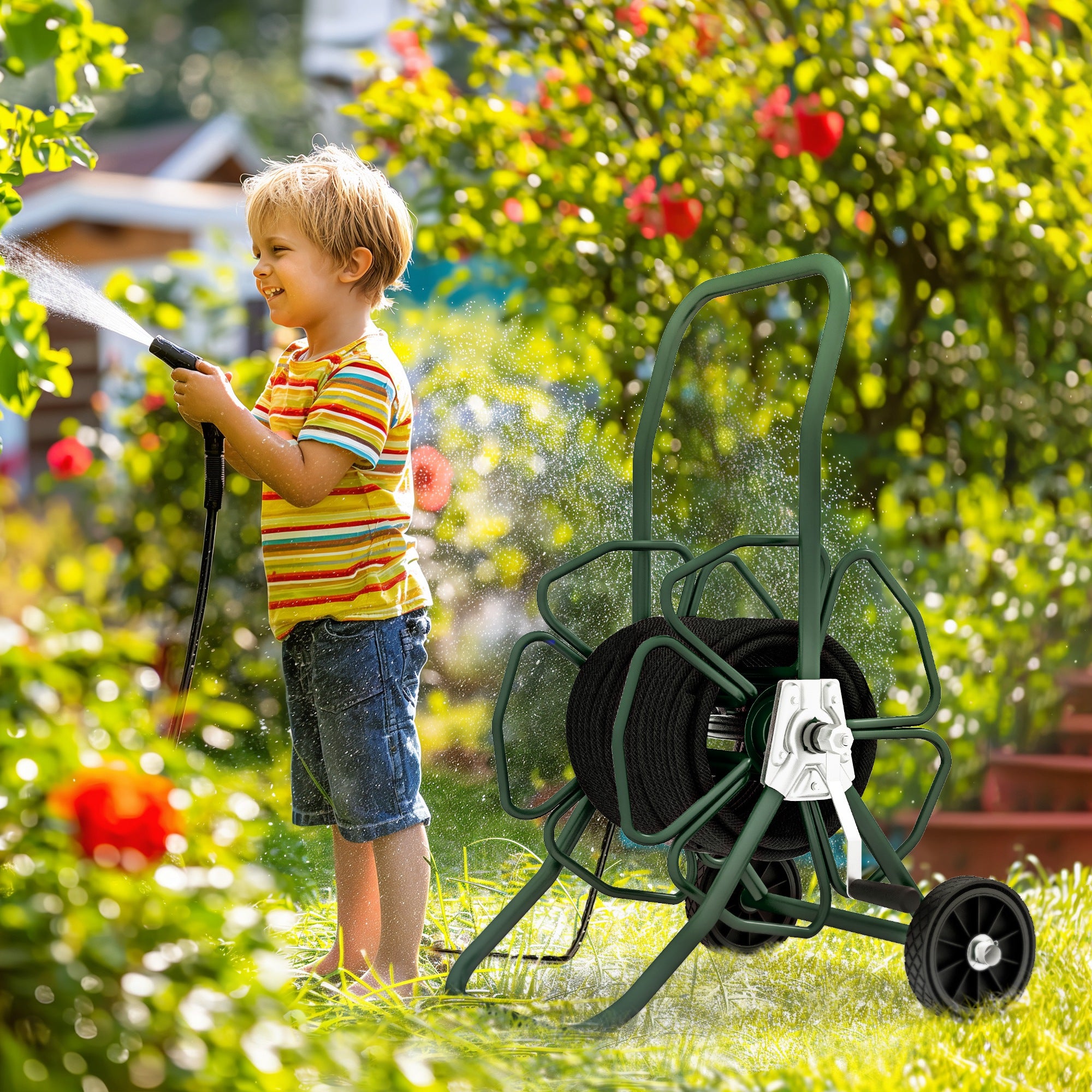 Hose Reel Cart with Wheels, 30m of Ø16mm Hose, Hose Reel Cart, Non-slip Handle, Metal, Green