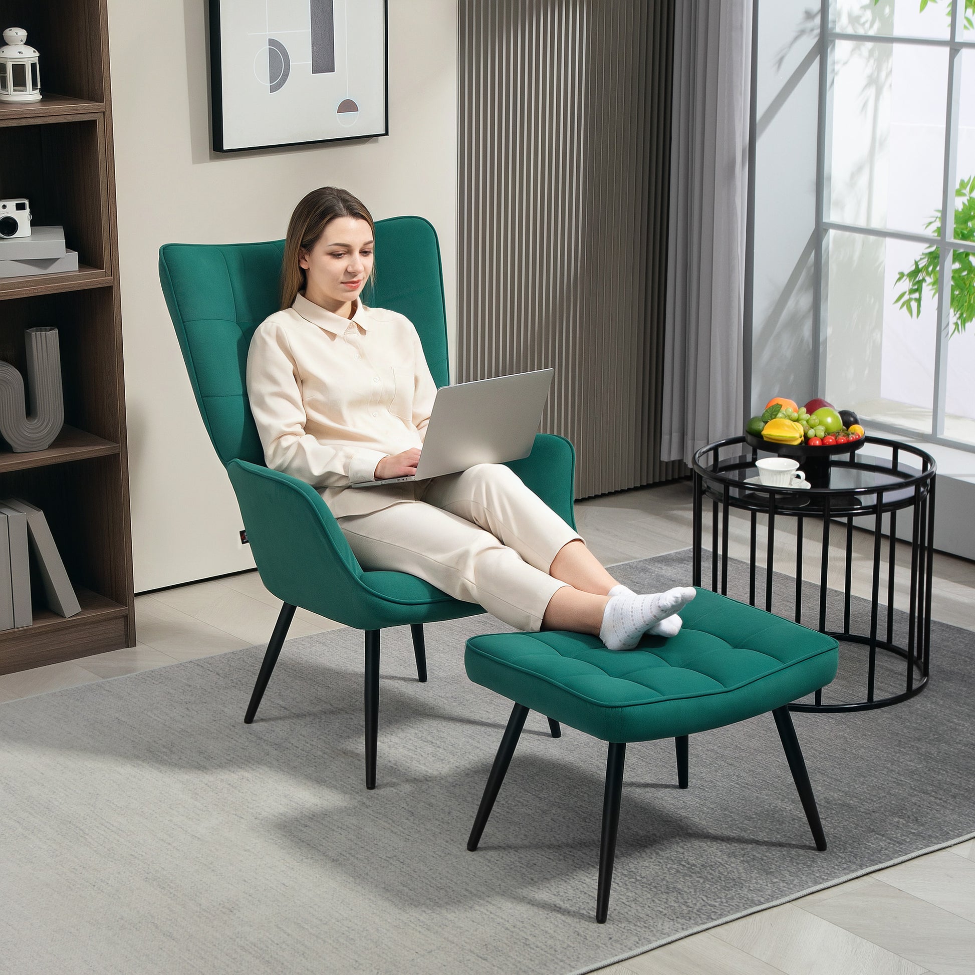 Scandinavian Style Relaxing Chair with Matching Footrest Black Metal Base Velvet Look Upholstery - Green