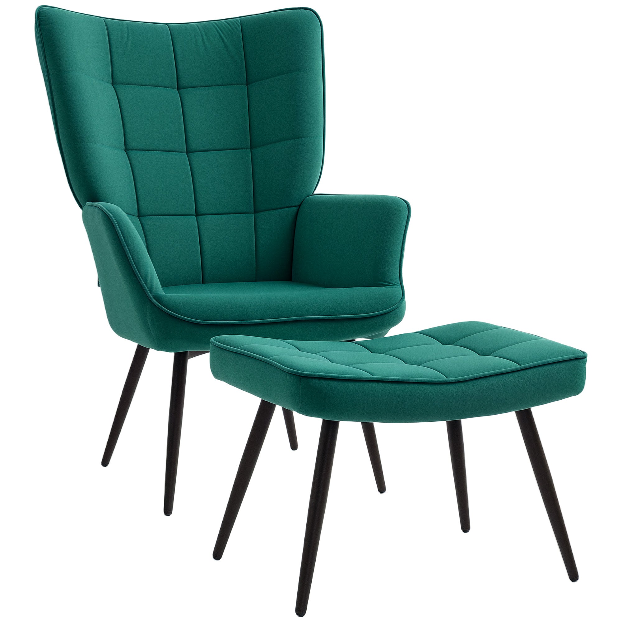 Scandinavian Style Relaxing Chair with Matching Footrest Black Metal Base Velvet Look Upholstery - Green
