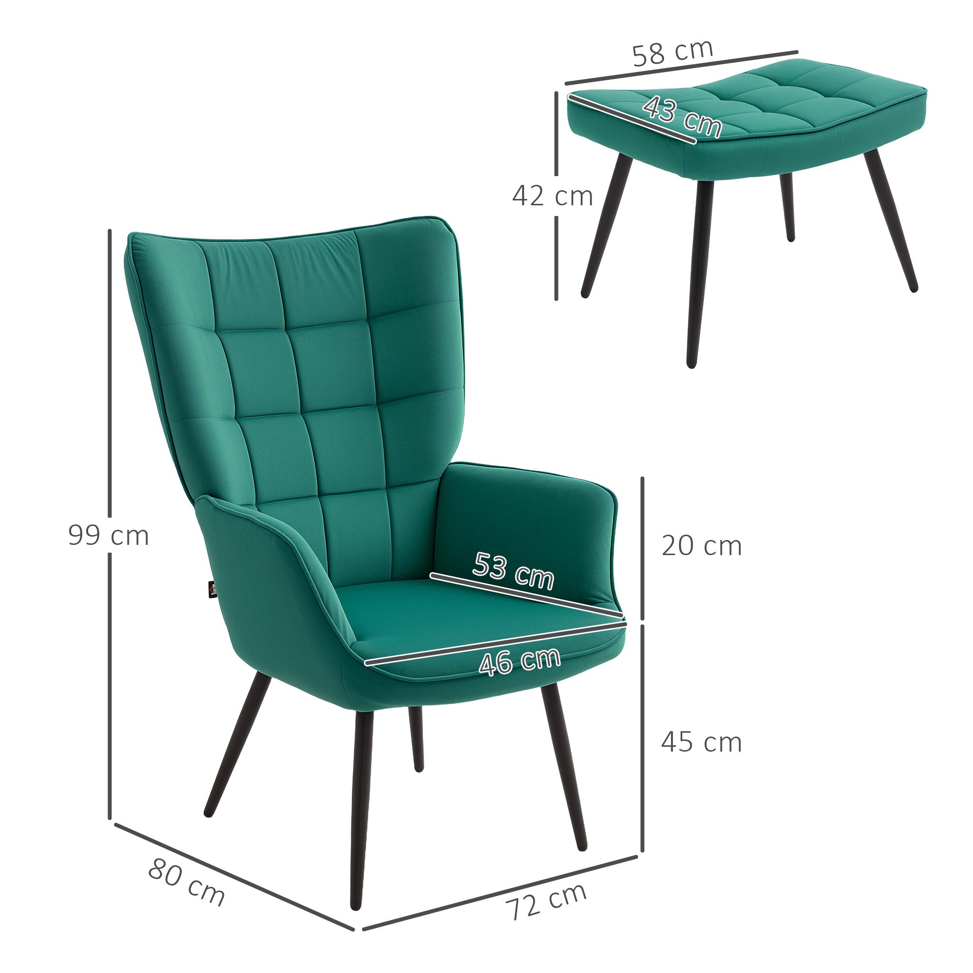 Scandinavian Style Relaxing Chair with Matching Footrest Black Metal Base Velvet Look Upholstery - Green