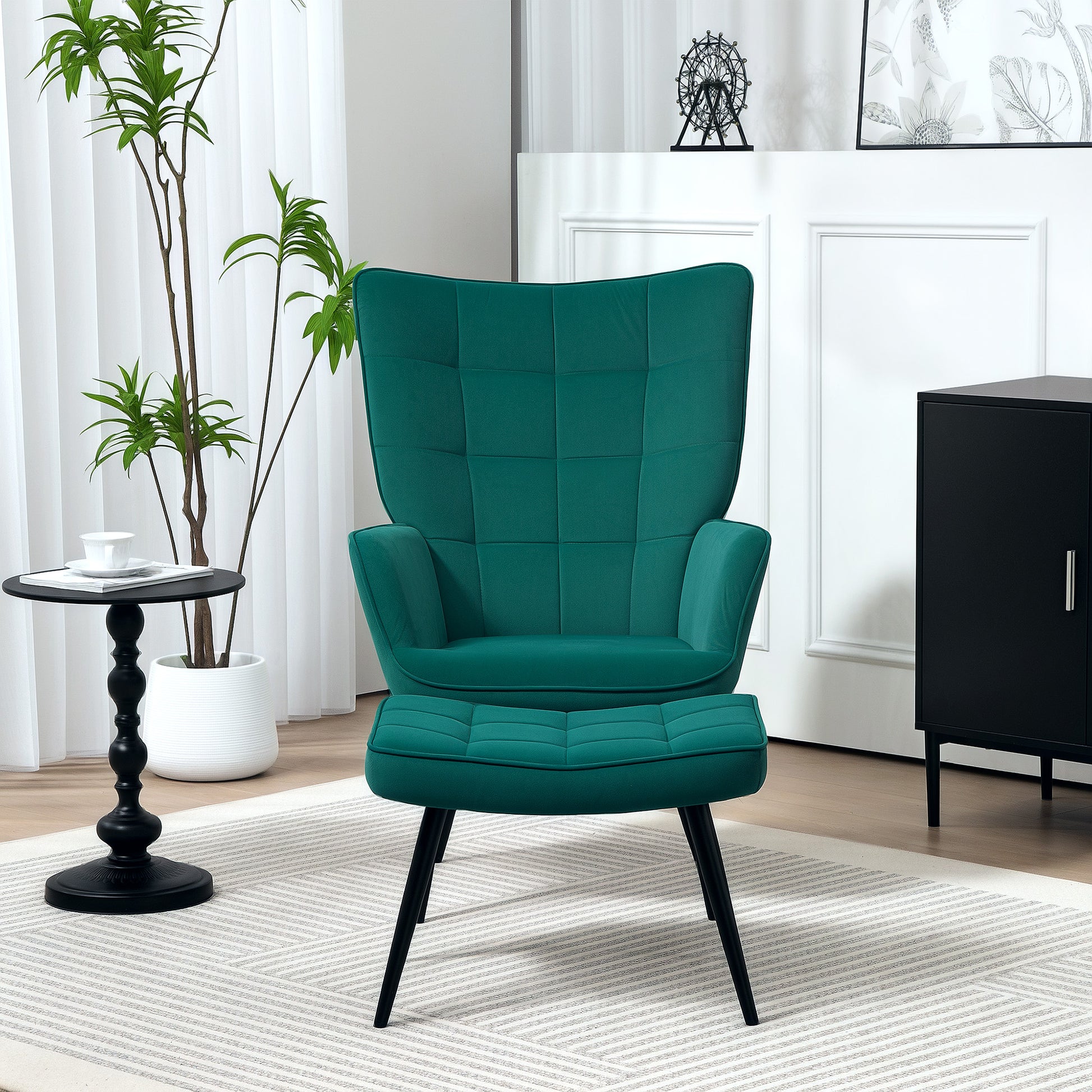 Scandinavian Style Relaxing Chair with Matching Footrest Black Metal Base Velvet Look Upholstery - Green