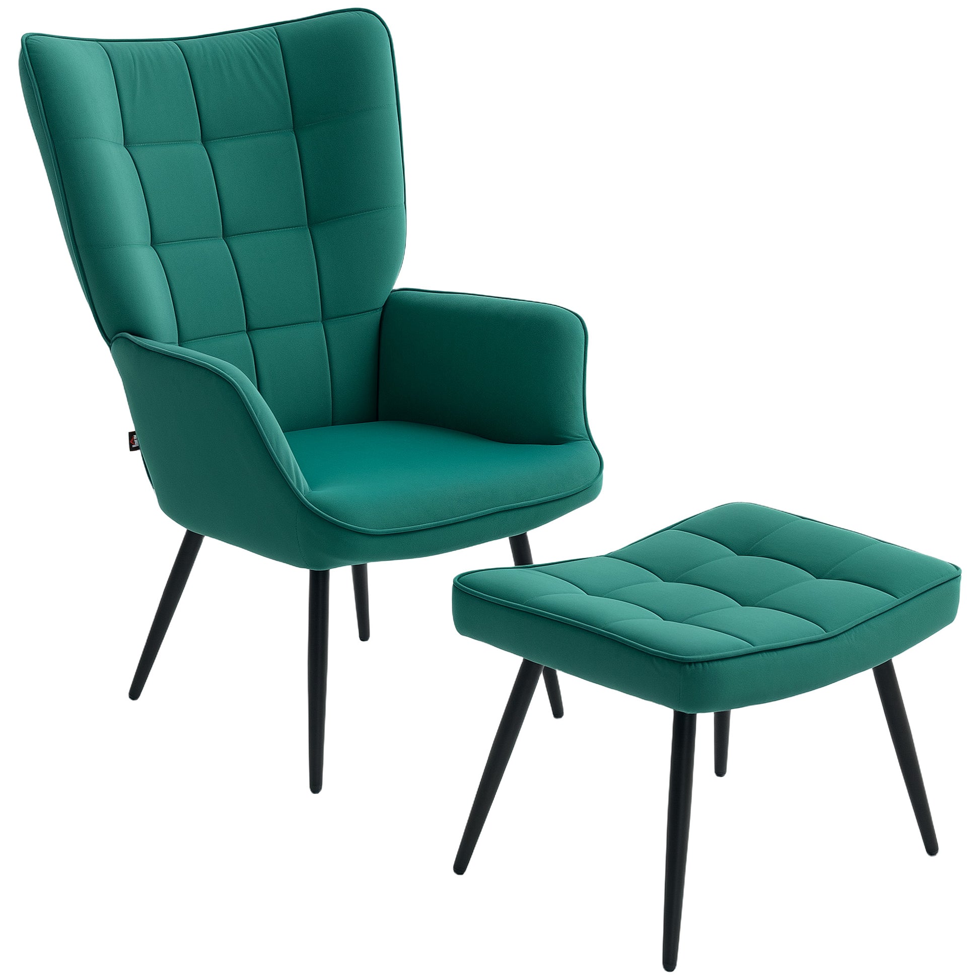 Scandinavian Style Relaxing Chair with Matching Footrest Black Metal Base Velvet Look Upholstery - Green