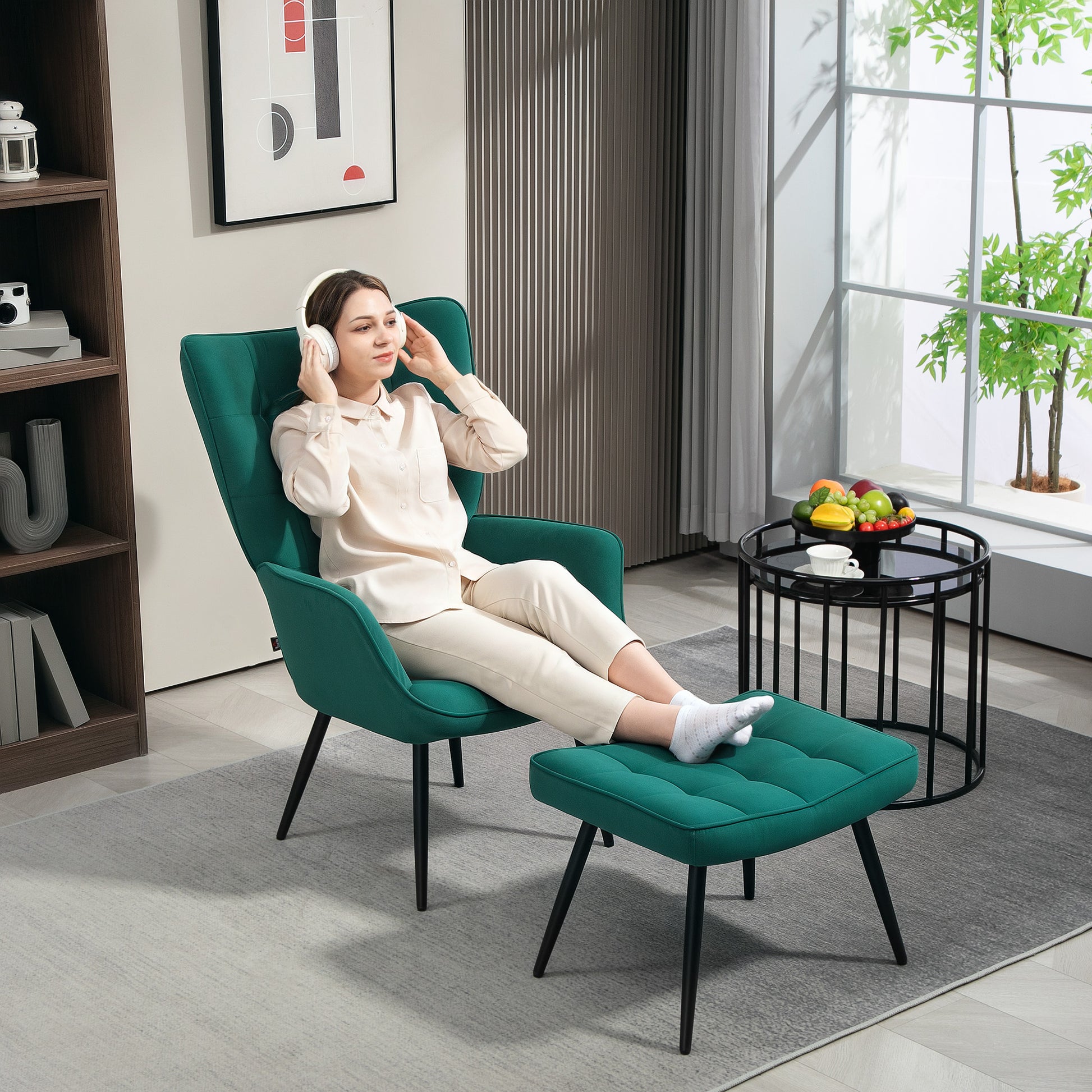 Scandinavian Style Relaxing Chair with Matching Footrest Black Metal Base Velvet Look Upholstery - Green