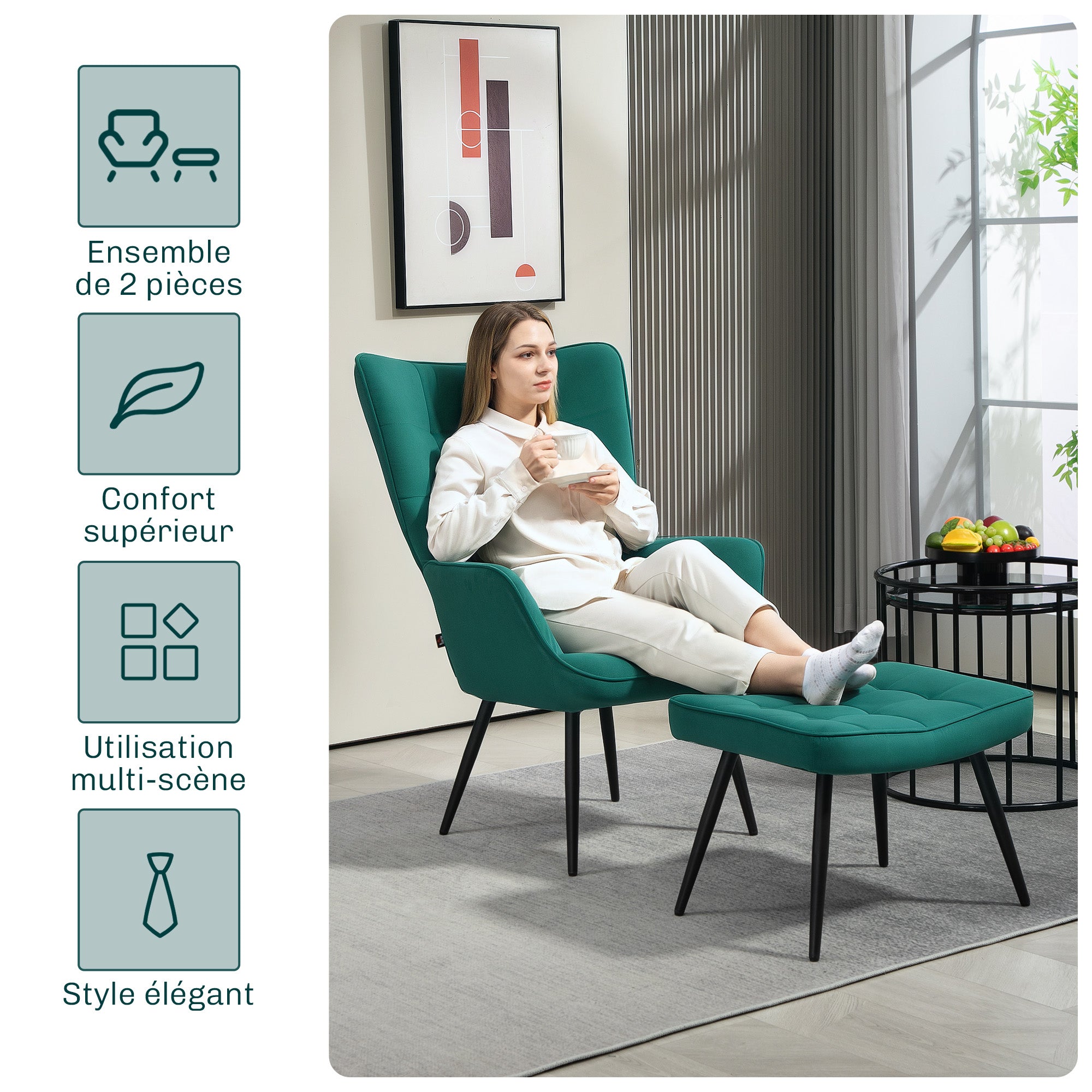 Scandinavian Style Relaxing Chair with Matching Footrest Black Metal Base Velvet Look Upholstery - Green