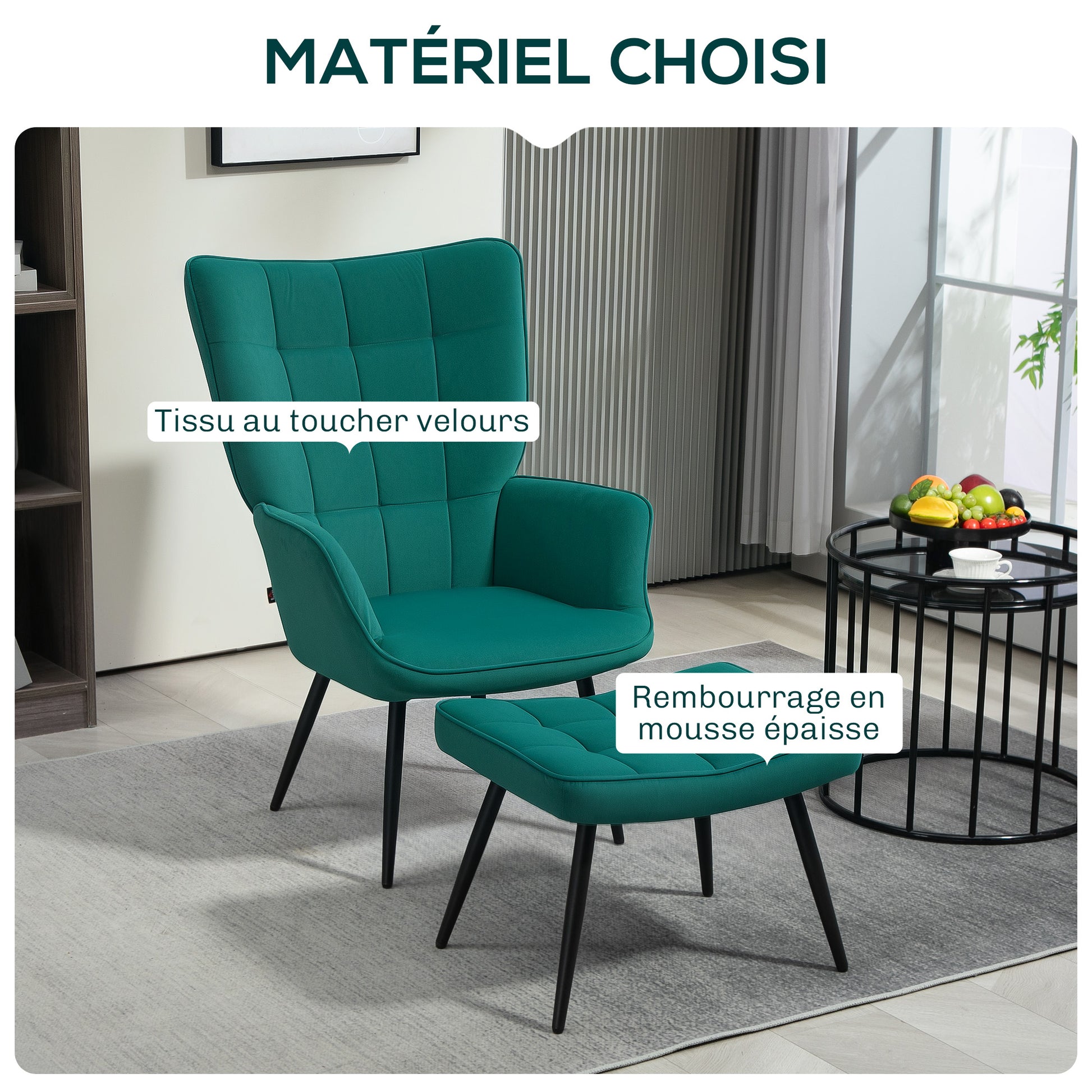 Scandinavian Style Relaxing Chair with Matching Footrest Black Metal Base Velvet Look Upholstery - Green