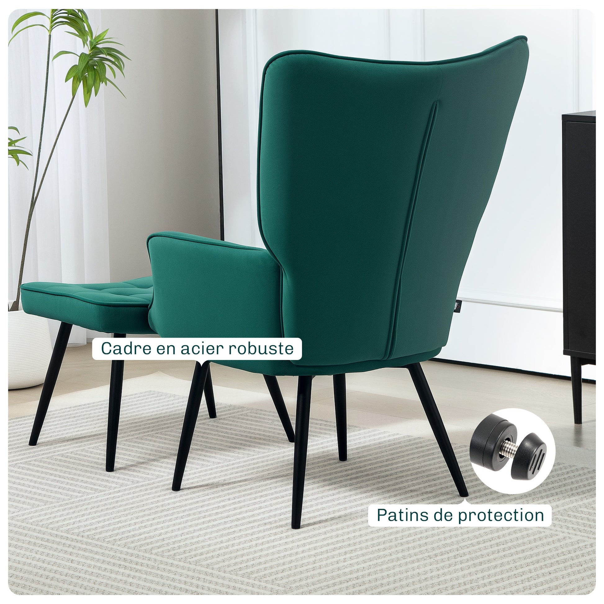 Scandinavian Style Relaxing Chair with Matching Footrest Black Metal Base Velvet Look Upholstery - Green