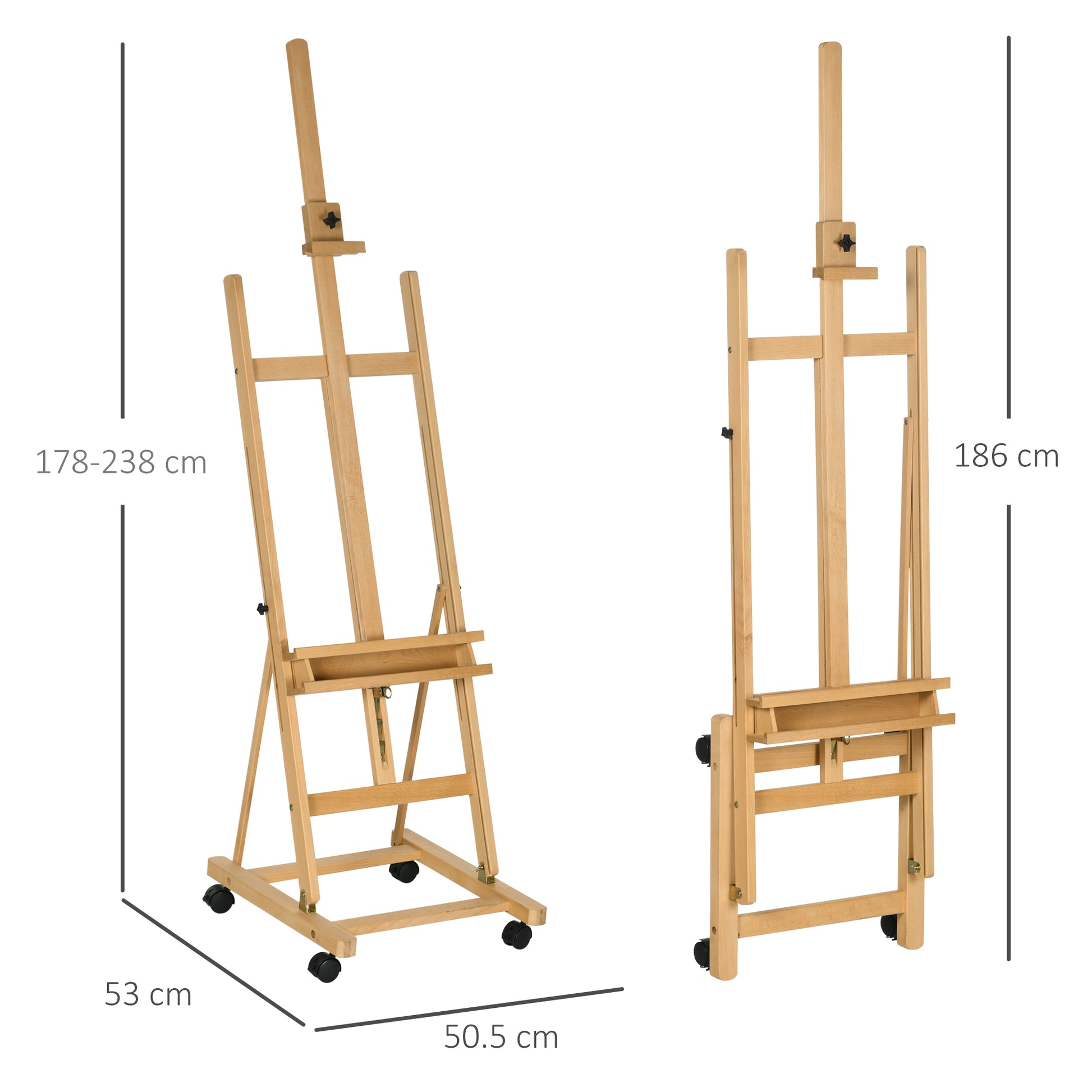 Easel Studio Easel with Wheels Height Adjustable Canvas Stand with Holder for Art Painting, Beech Wood for Canvases up to 118cm Height