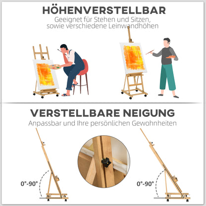 Easel Studio Easel with Wheels Height Adjustable Canvas Stand with Holder for Art Painting, Beech Wood for Canvases up to 118cm Height