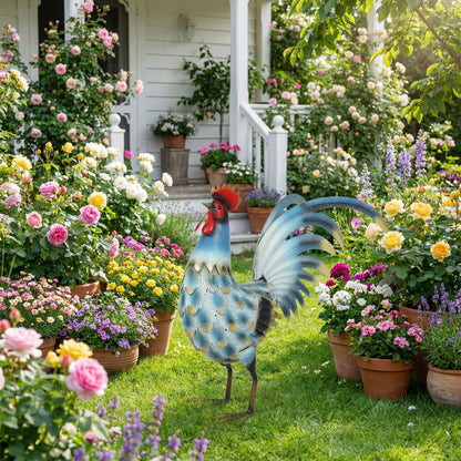 Rooster Garden Statue, Metal Rooster Sculpture with Ground Anchors, Standing Rooster for Patio and Lawn, 44 x 18 x 41 cm (17.3 x 7.1 x 16.1 in), Multicolor