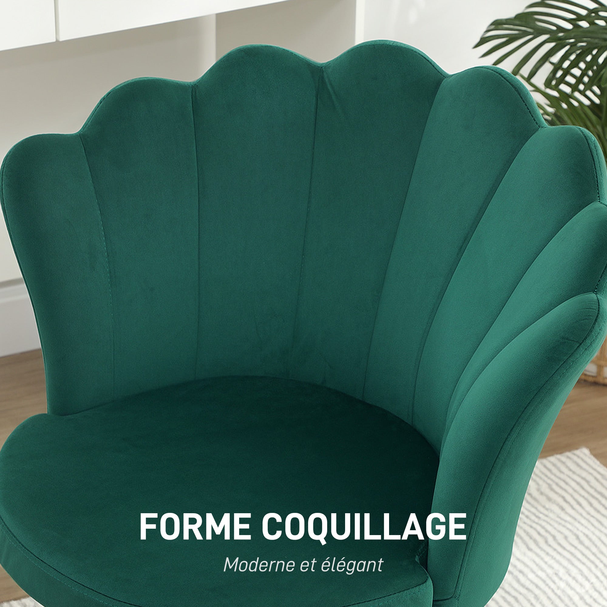 Shell Chair Velvet Dressing Table Chair Lounge Chair with Golden Metal Legs for Living Room Bedroom and Dining Room 67L x 64W x 77H cm Green