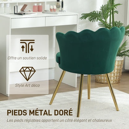 Shell Chair Velvet Dressing Table Chair Lounge Chair with Golden Metal Legs for Living Room Bedroom and Dining Room 67L x 64W x 77H cm Green