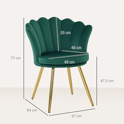 Shell Chair Velvet Dressing Table Chair Lounge Chair with Golden Metal Legs for Living Room Bedroom and Dining Room 67L x 64W x 77H cm Green