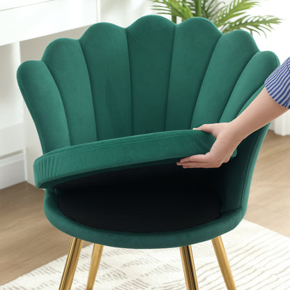 Shell Chair Velvet Dressing Table Chair Lounge Chair with Golden Metal Legs for Living Room Bedroom and Dining Room 67L x 64W x 77H cm Green