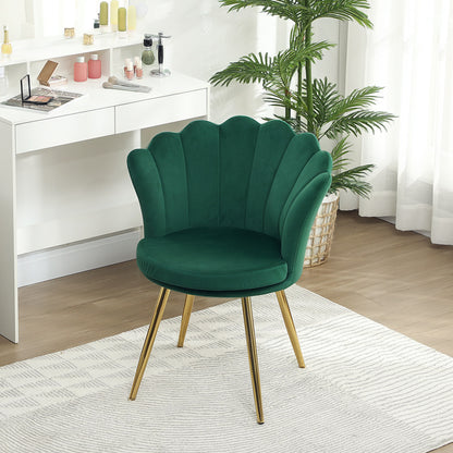 Shell Chair Velvet Dressing Table Chair Lounge Chair with Golden Metal Legs for Living Room Bedroom and Dining Room 67L x 64W x 77H cm Green