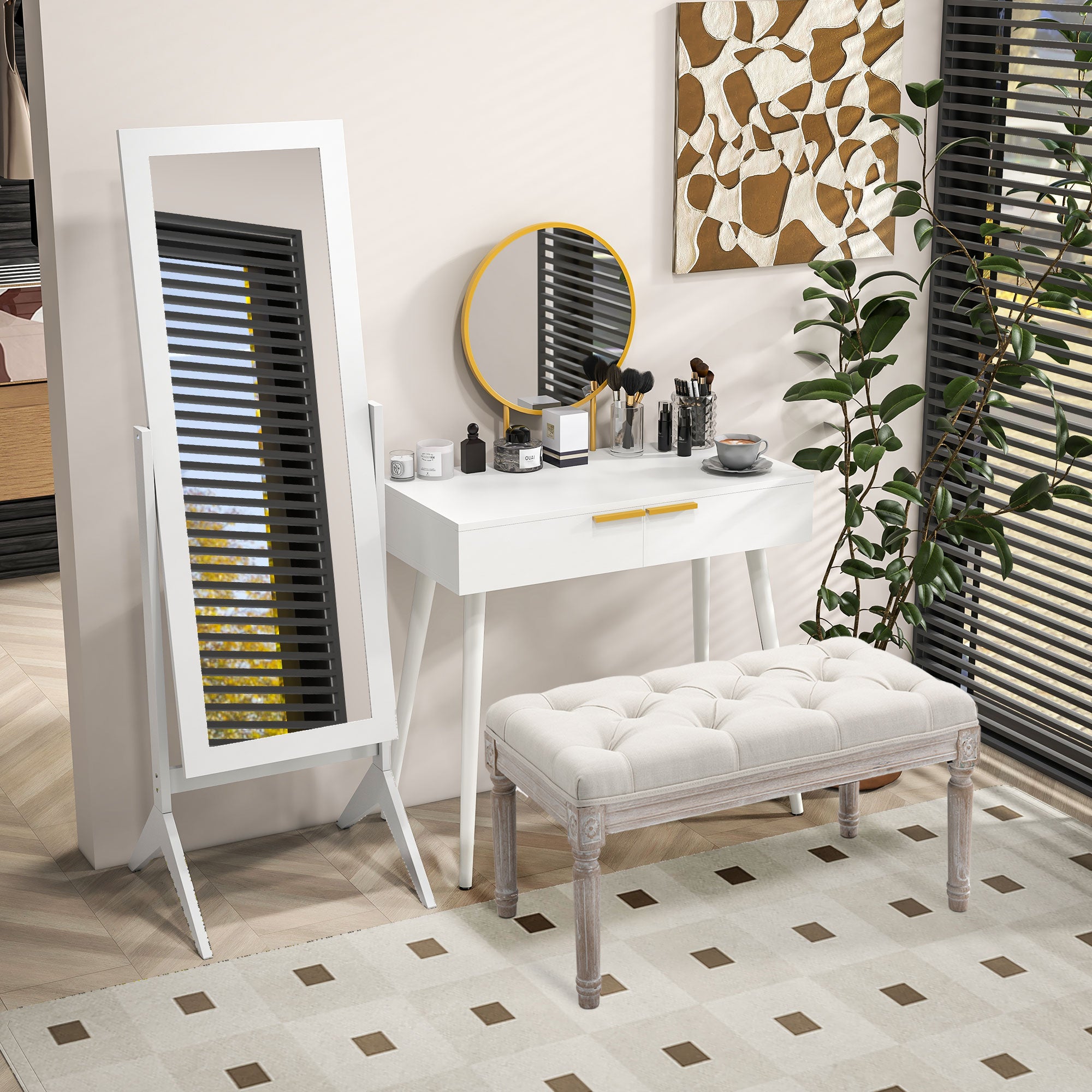 Vanity Table with Round Mirror Makeup Dressing Table with 2 Drawers Modern Style for Bedroom Dressing Room 80x40x123 cm White