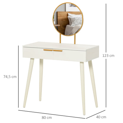 Vanity Table with Round Mirror Makeup Dressing Table with 2 Drawers Modern Style for Bedroom Dressing Room 80x40x123 cm White