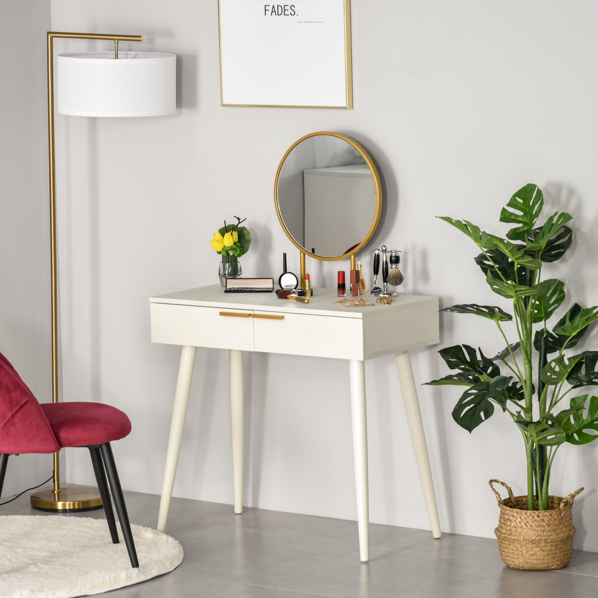 Vanity Table with Round Mirror Makeup Dressing Table with 2 Drawers Modern Style for Bedroom Dressing Room 80x40x123 cm White