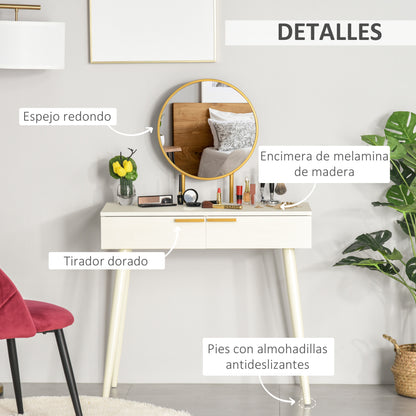Vanity Table with Round Mirror Makeup Dressing Table with 2 Drawers Modern Style for Bedroom Dressing Room 80x40x123 cm White