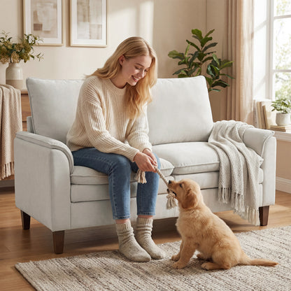 57.5 in 2-Seater Loveseat Sofa, Modern Chenille with Dual-Layer Cushioning, Pocket-Spring Seat, Deep Seating, High Back & Rubberwood Legs – Cream White