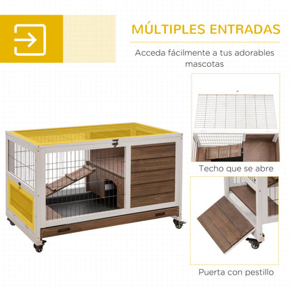 Wooden Rabbit Cage Pet Small Animal Hutch Portable Indoor with Openable Roof Ramp Removable Tray for Guinea Pigs 90x53x59 cm Brown