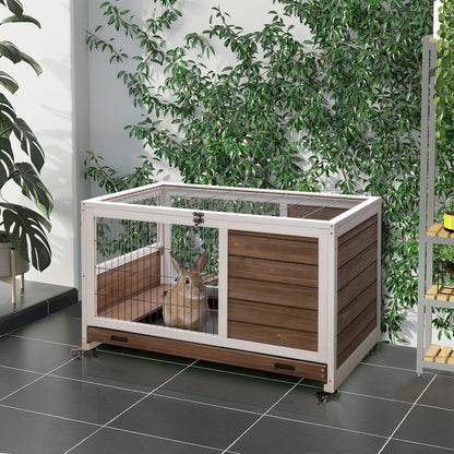 Wooden Rabbit Cage Pet Small Animal Hutch Portable Indoor with Openable Roof Ramp Removable Tray for Guinea Pigs 90x53x59 cm Brown