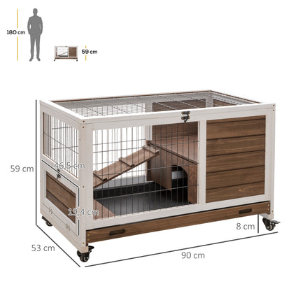 Wooden Rabbit Cage Pet Small Animal Hutch Portable Indoor with Openable Roof Ramp Removable Tray for Guinea Pigs 90x53x59 cm Brown