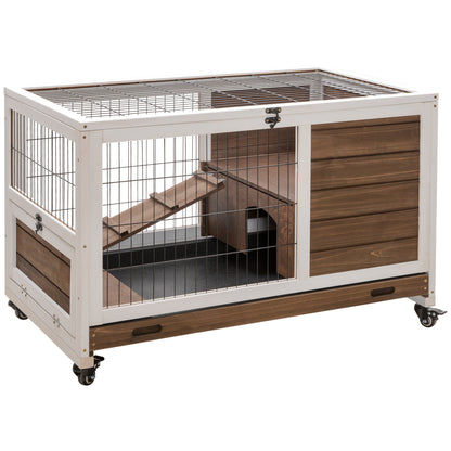 Wooden Rabbit Cage Pet Small Animal Hutch Portable Indoor with Openable Roof Ramp Removable Tray for Guinea Pigs 90x53x59 cm Brown