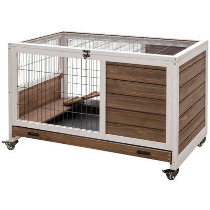 Wooden Rabbit Cage Pet Small Animal Hutch Portable Indoor with Openable Roof Ramp Removable Tray for Guinea Pigs 90x53x59 cm Brown