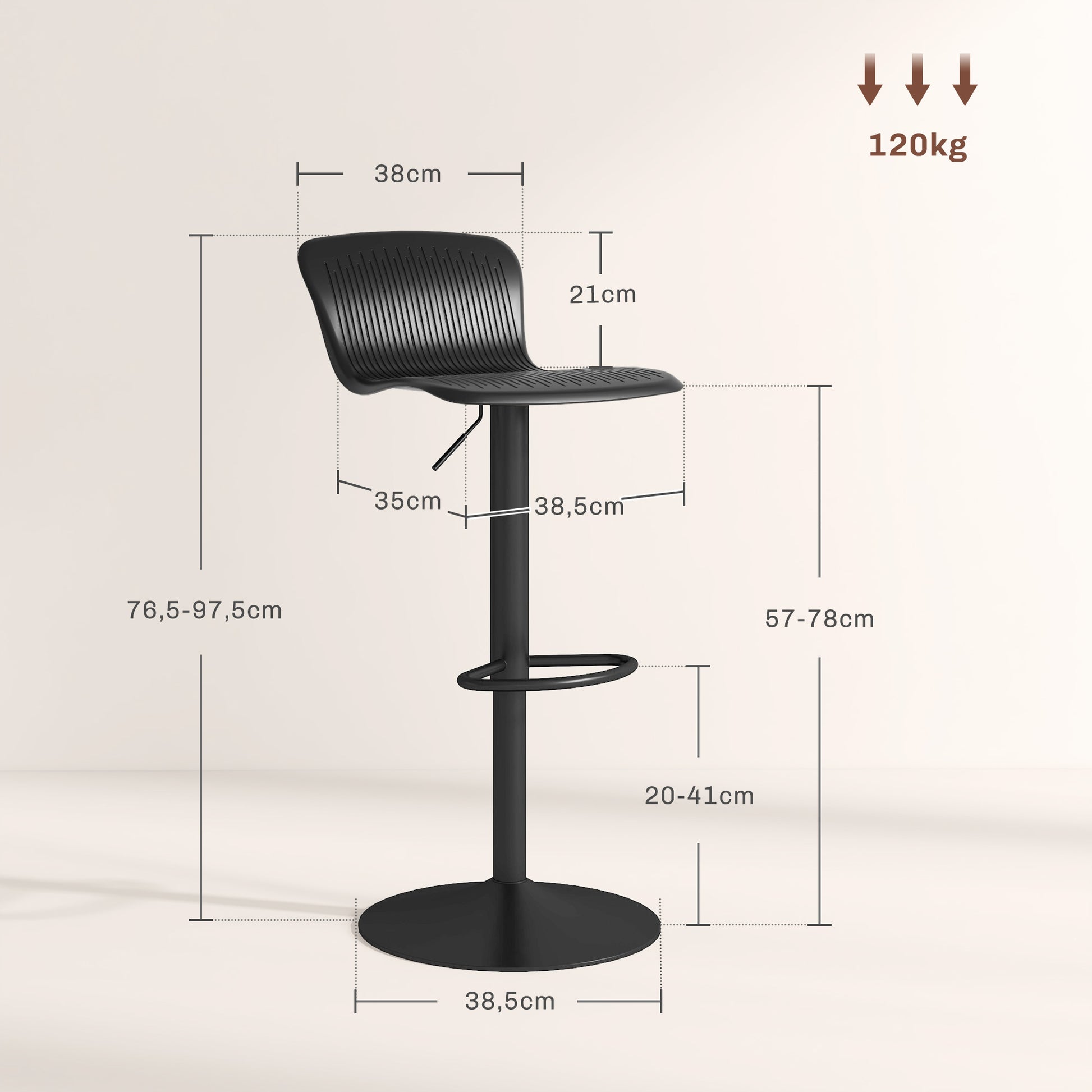 Set of 2 High Kitchen Stools Swivel Bar Chairs with Backrest and Adjustable Height 120 kg Load for Bar Living Room Dining Room Black