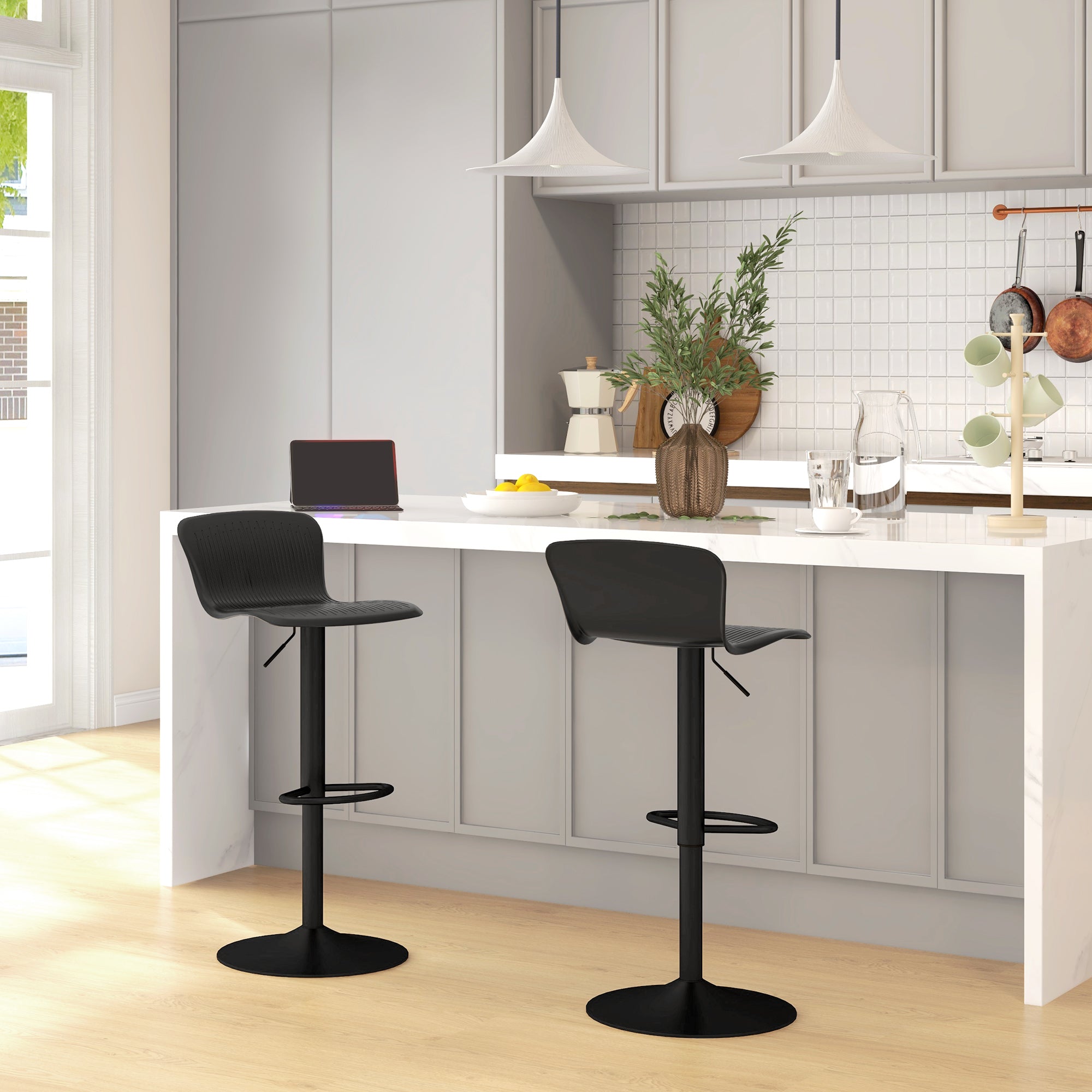 Set of 2 High Kitchen Stools Swivel Bar Chairs with Backrest and Adjustable Height 120 kg Load for Bar Living Room Dining Room Black