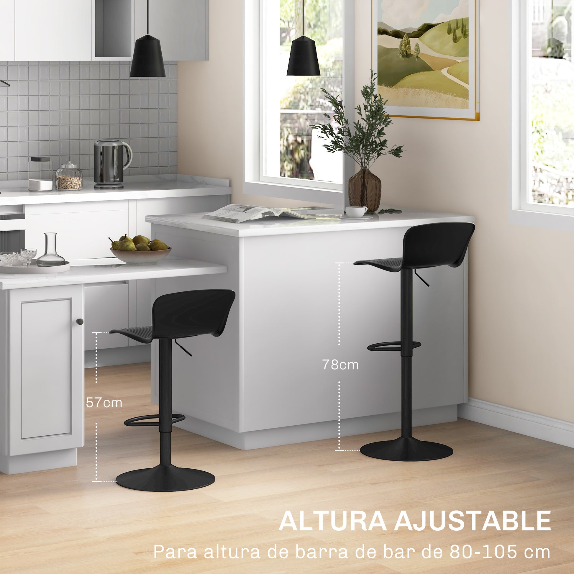 Set of 2 High Kitchen Stools Swivel Bar Chairs with Backrest and Adjustable Height 120 kg Load for Bar Living Room Dining Room Black