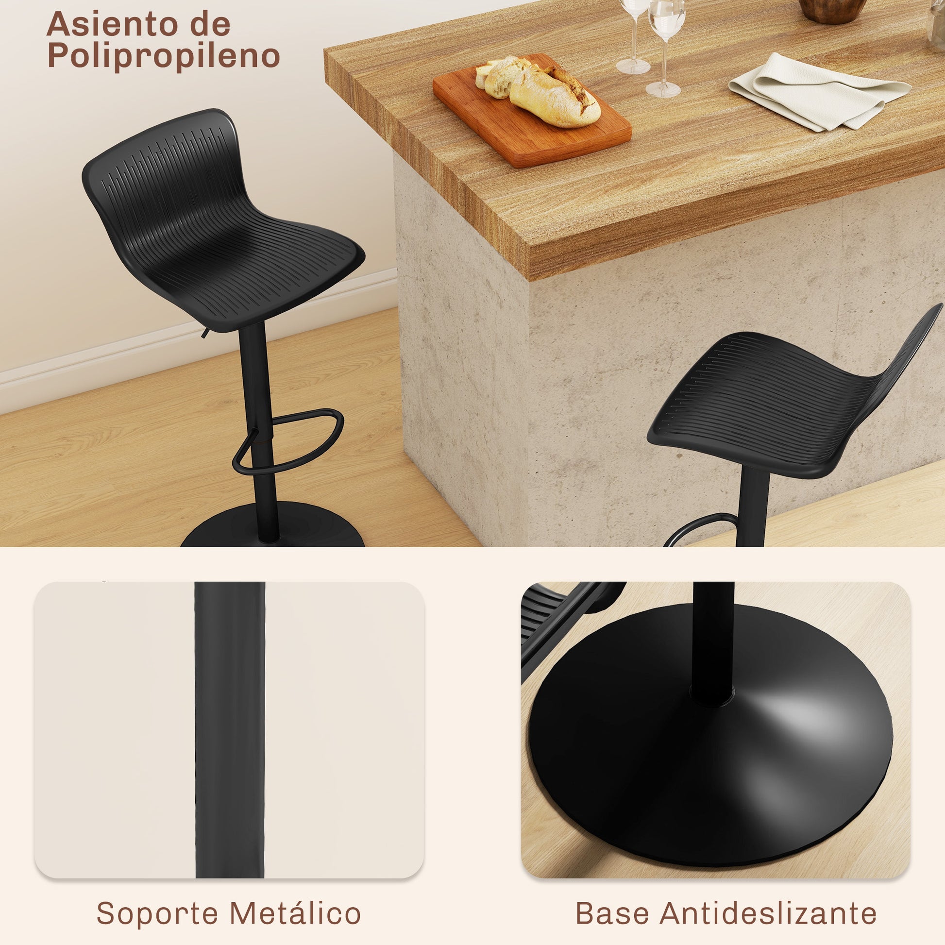 Set of 2 High Kitchen Stools Swivel Bar Chairs with Backrest and Adjustable Height 120 kg Load for Bar Living Room Dining Room Black