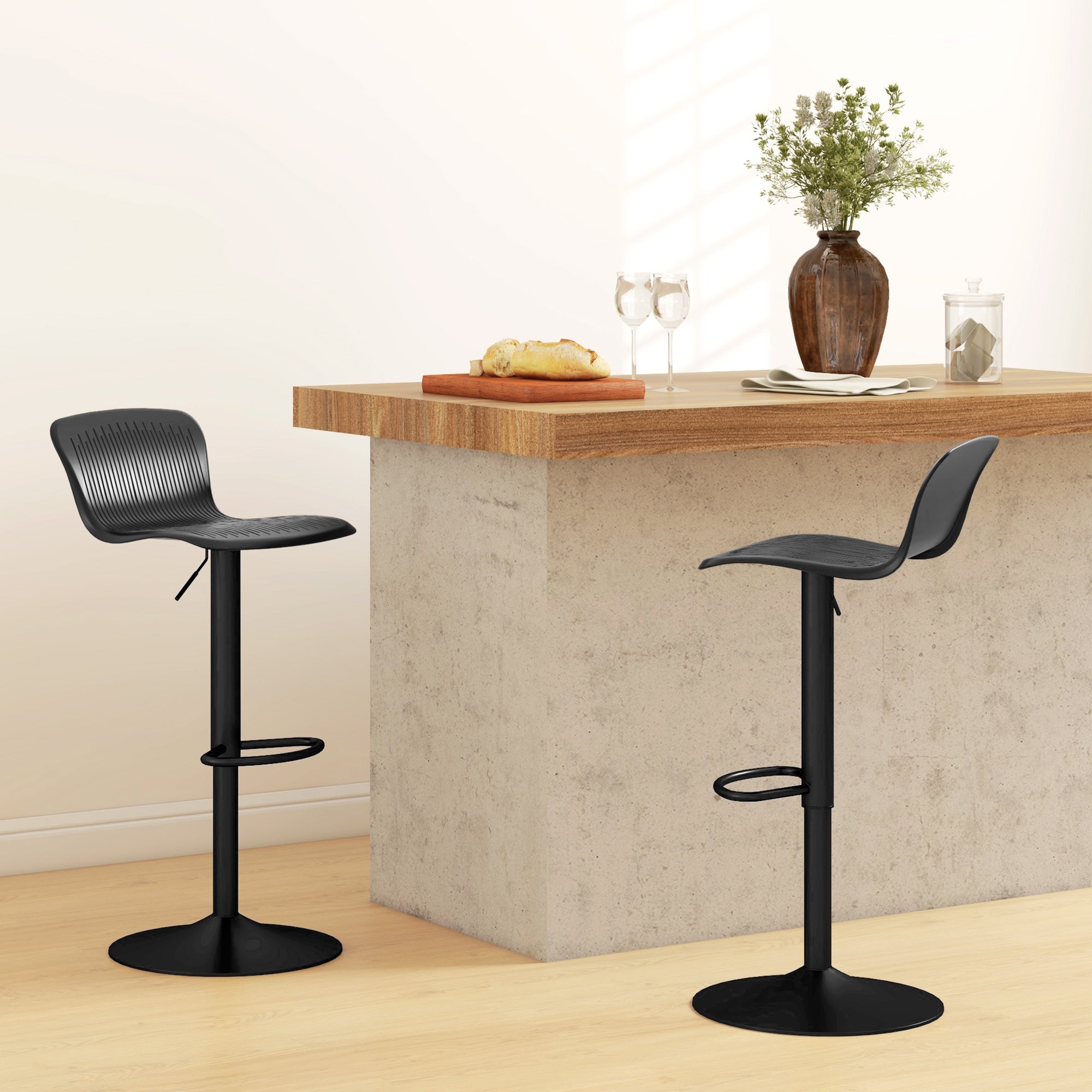 Set of 2 High Kitchen Stools Swivel Bar Chairs with Backrest and Adjustable Height 120 kg Load for Bar Living Room Dining Room Black