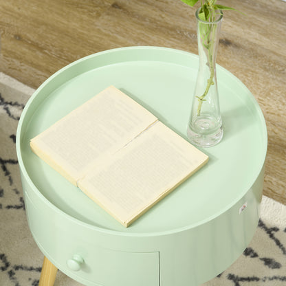 Coffee Table - Bedside Table - Round Nightstand - Scandinavian Design Side Table with Drawer Tapered Inclined Solid Wood Legs Green