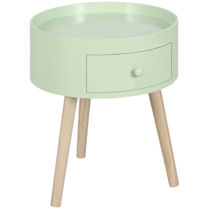 Coffee Table - Bedside Table - Round Nightstand - Scandinavian Design Side Table with Drawer Tapered Inclined Solid Wood Legs Green