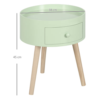 Coffee Table - Bedside Table - Round Nightstand - Scandinavian Design Side Table with Drawer Tapered Inclined Solid Wood Legs Green