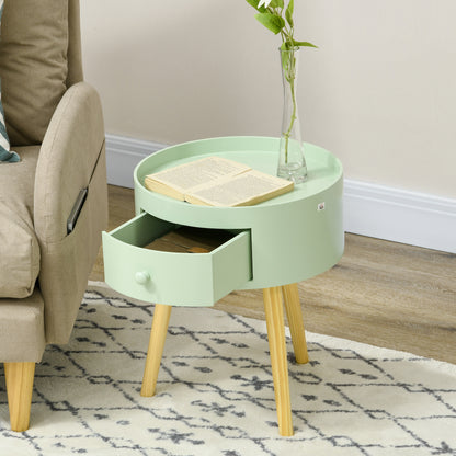 Coffee Table - Bedside Table - Round Nightstand - Scandinavian Design Side Table with Drawer Tapered Inclined Solid Wood Legs Green