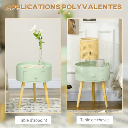 Coffee Table - Bedside Table - Round Nightstand - Scandinavian Design Side Table with Drawer Tapered Inclined Solid Wood Legs Green