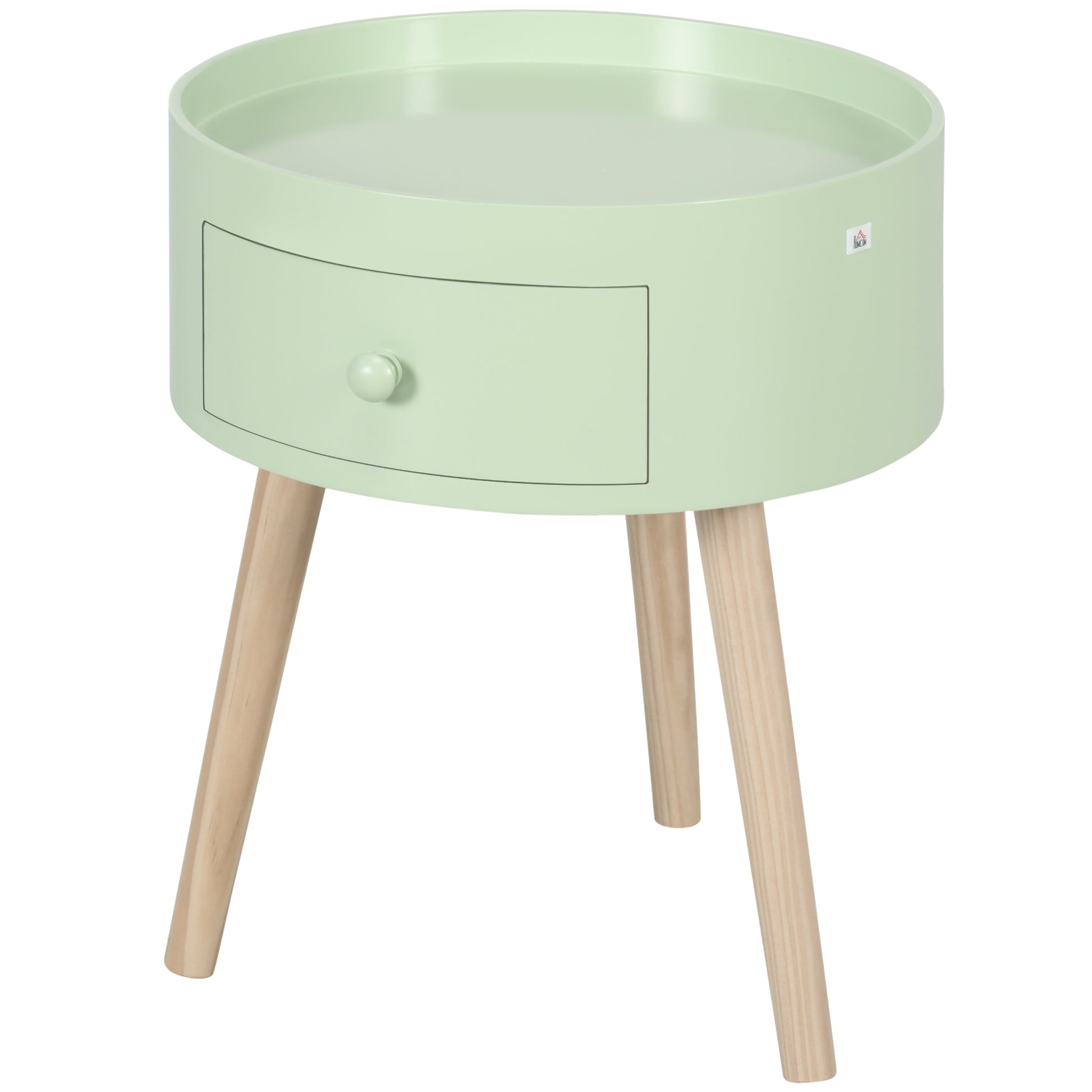 Coffee Table - Bedside Table - Round Nightstand - Scandinavian Design Side Table with Drawer Tapered Inclined Solid Wood Legs Green