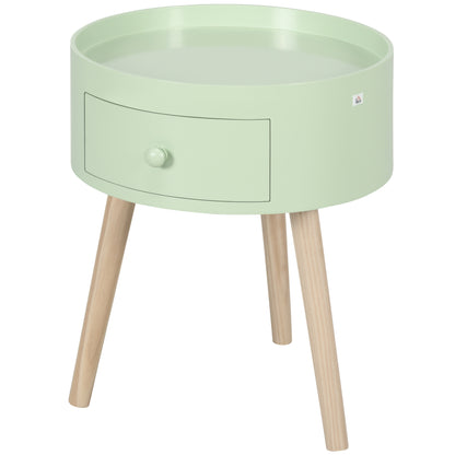 Coffee Table - Bedside Table - Round Nightstand - Scandinavian Design Side Table with Drawer Tapered Inclined Solid Wood Legs Green