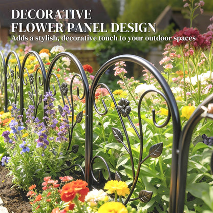Metal Garden Fence Panel Set, 31.5 x 23.6 in Each (13.1 ft Total) – Decorative Arched Top Landscape & Pet Barrier, Black
