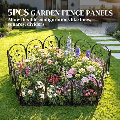 Metal Garden Fence Panel Set, 31.5 x 23.6 in Each (13.1 ft Total) – Decorative Arched Top Landscape & Pet Barrier, Black
