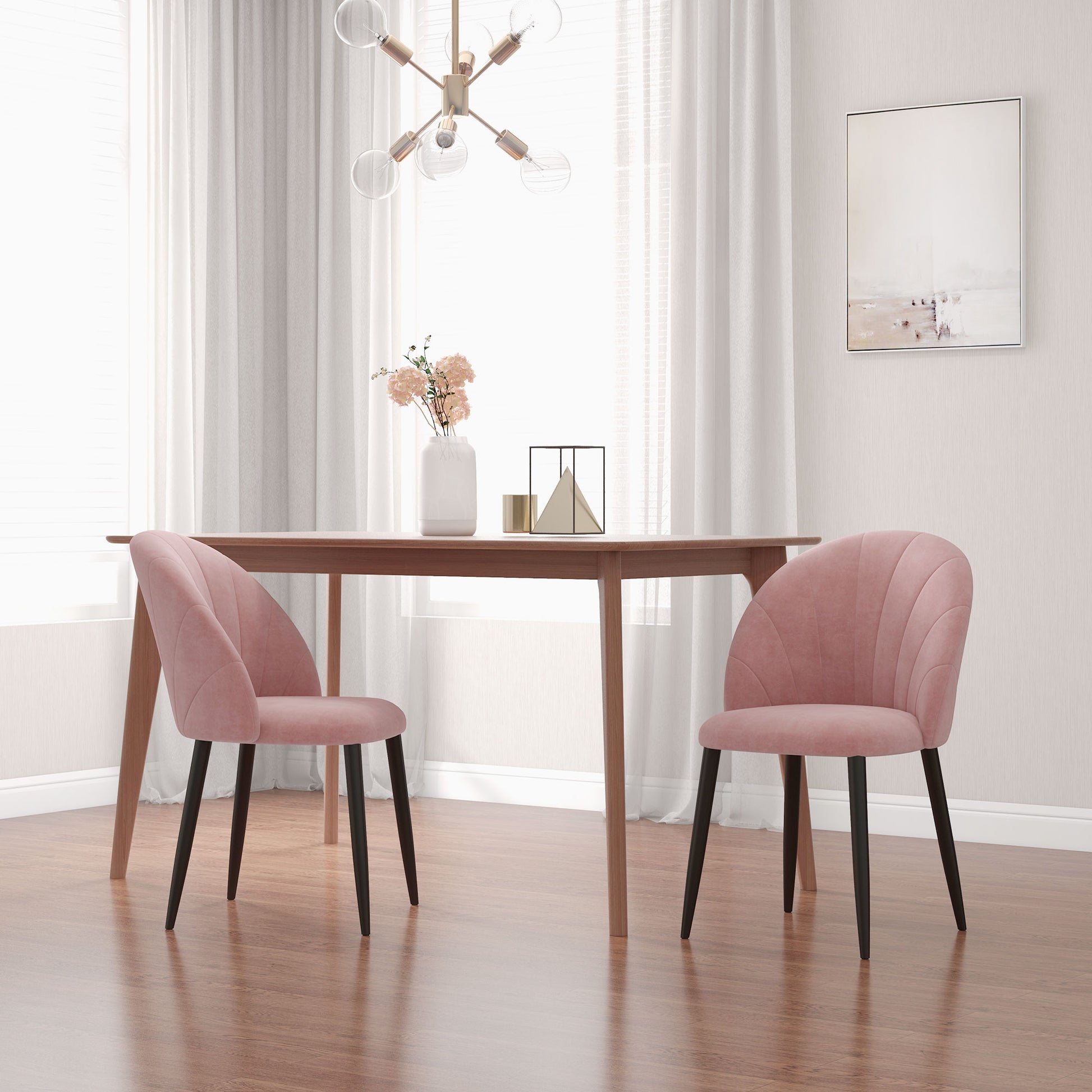 Set of 2 Dining Room Chairs, Modern Kitchen Chairs with Shell Backrest and Metal Legs, Velvet Padded Chair for Kitchen, Bedroom, Office, and Living Room, Pink