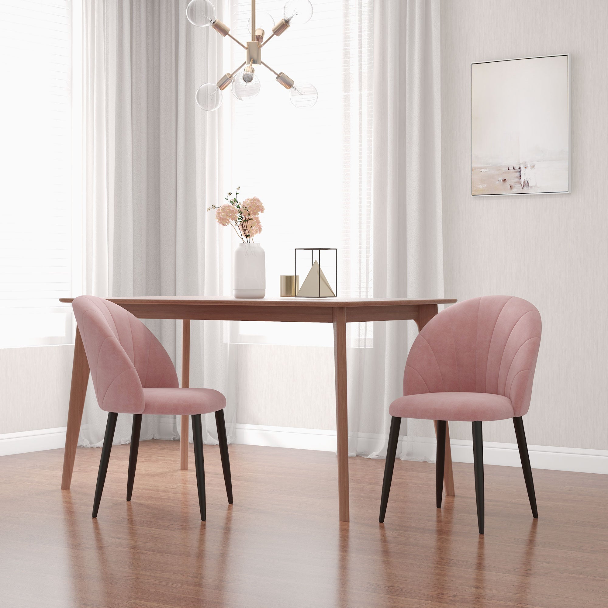 Set of 2 Dining Room Chairs, Modern Kitchen Chairs with Shell Backrest and Metal Legs, Velvet Padded Chair for Kitchen, Bedroom, Office, and Living Room, Pink