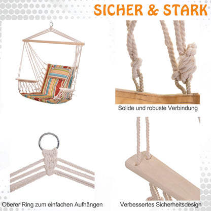 Hanging Chair Hammock with Crossbar and Cushion Ceiling Hook Frame Hanging Chair up to 100kg load Hanging Seat for Indoor Outdoor Garden Terrace Multicolored