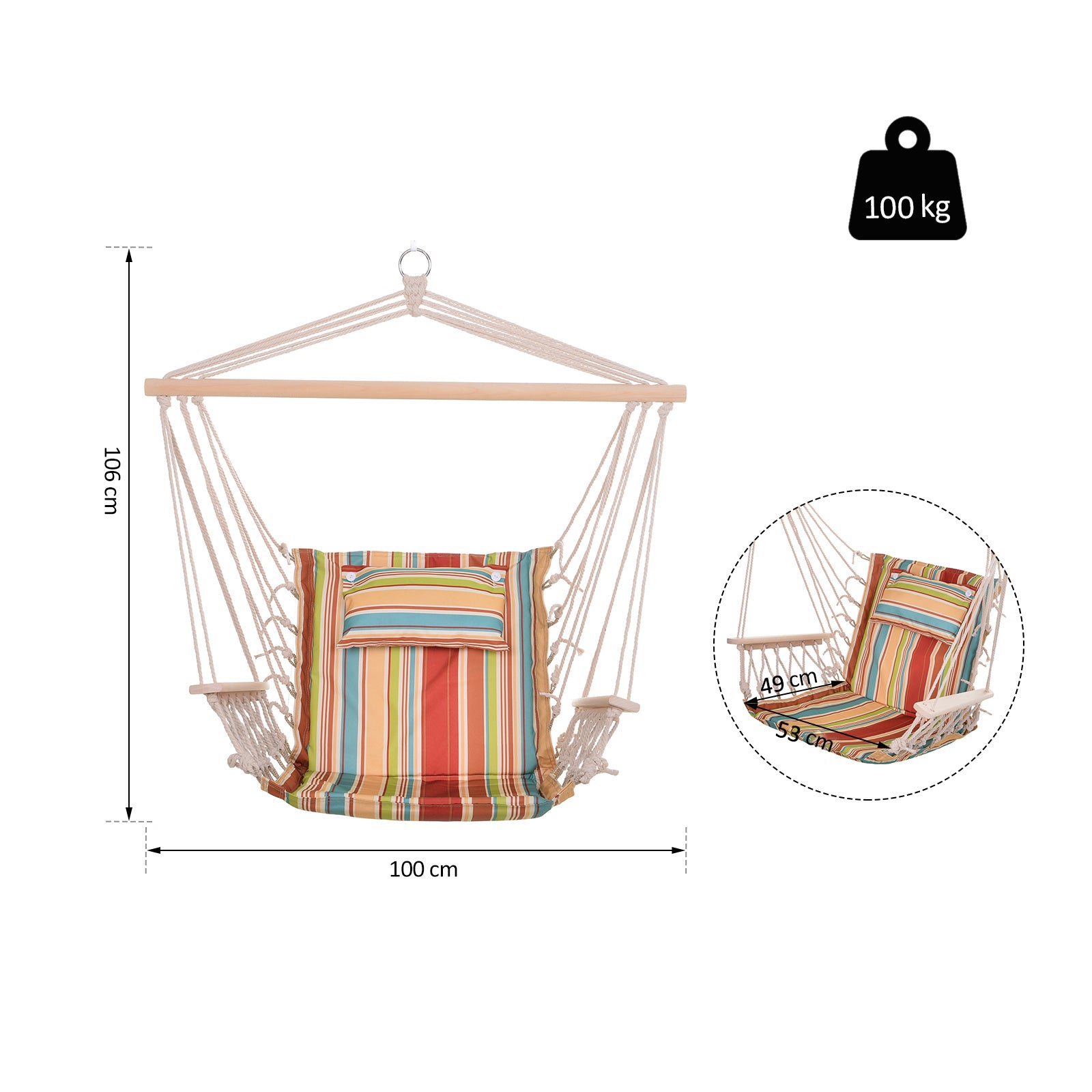Hanging Chair Hammock with Crossbar and Cushion Ceiling Hook Frame Hanging Chair up to 100kg load Hanging Seat for Indoor Outdoor Garden Terrace Multicolored