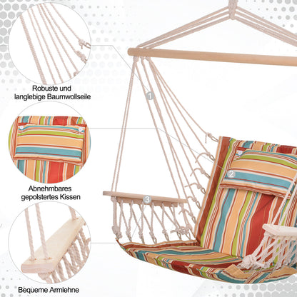 Hanging Chair Hammock with Crossbar and Cushion Ceiling Hook Frame Hanging Chair up to 100kg load Hanging Seat for Indoor Outdoor Garden Terrace Multicolored