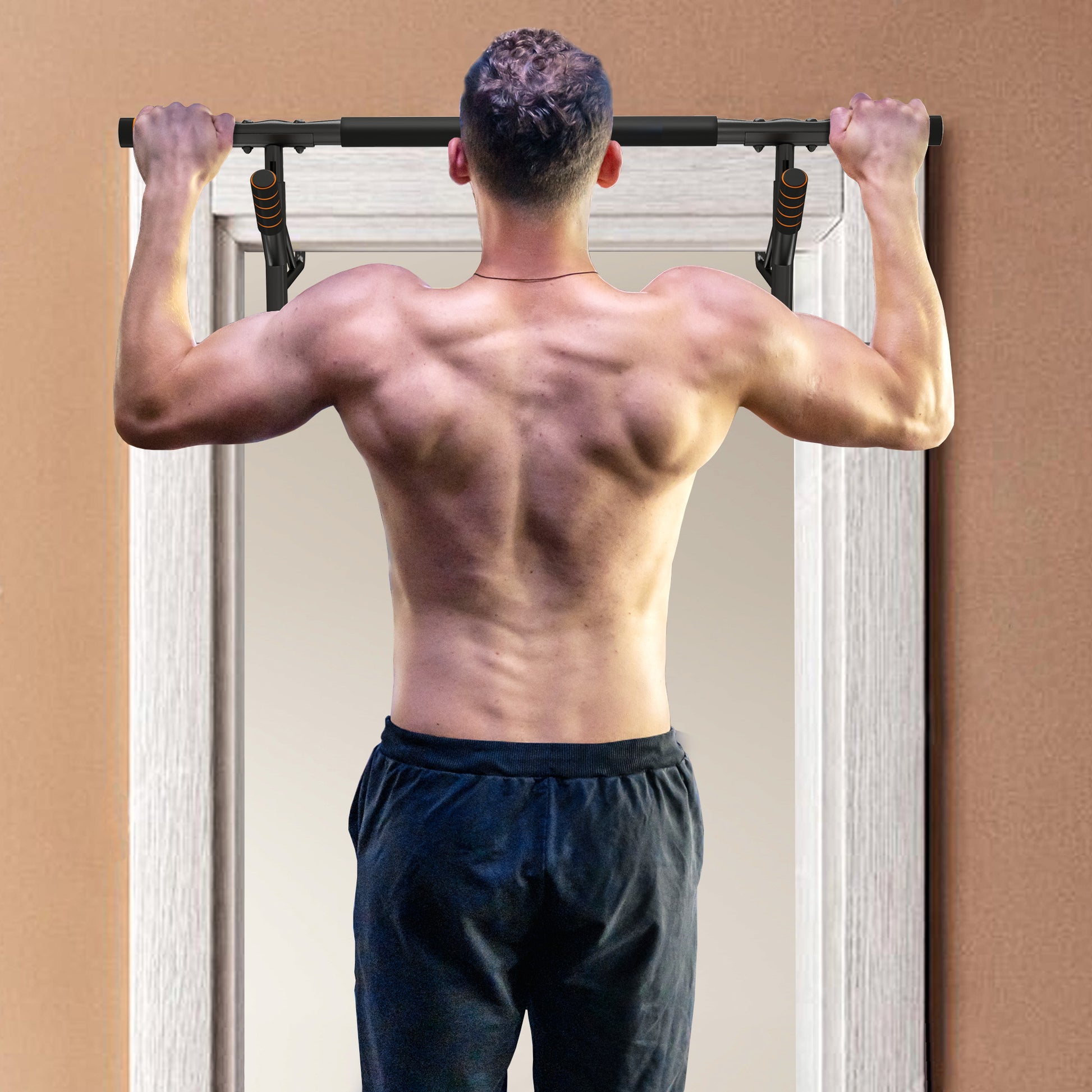 SPORTNOW Multifunctional Pull-Up Bar Wall-Mounted Pull-Up Bar with Resistance Bands Load 150 kg for Exercise and Home Gym Training Black and Orange